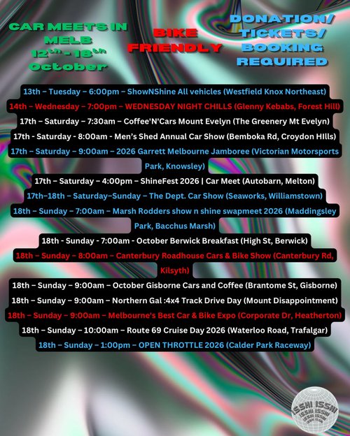 ShowNShine All vehicles — car meet in Melbourne, VIC on Tuesday 13 October 2026