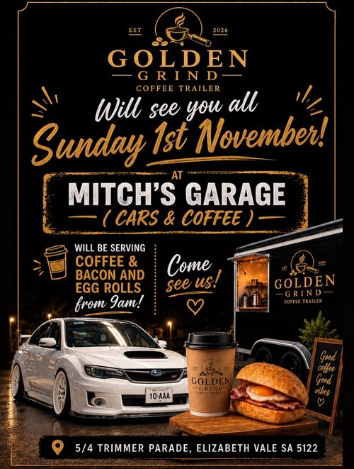 Mitch's Garage Cars & Coffee — JDM car meet in Adelaide, SA on Sunday 1 November 2026