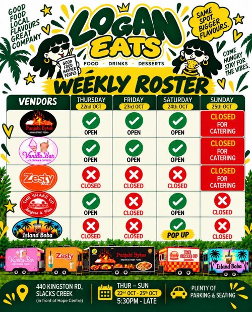 Logan Eats Weekly Roster — car meet in Brisbane, QLD on Thursday 22 October 2026
